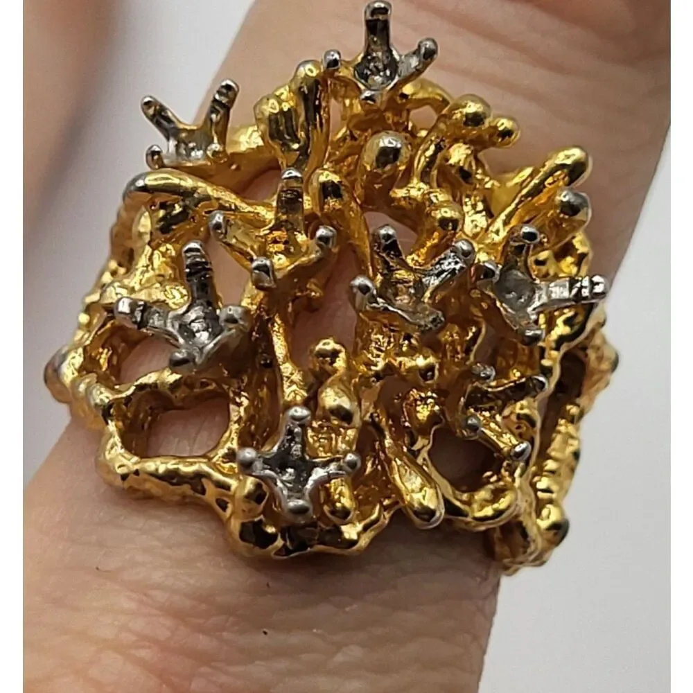 18K HGE Gold Modernist Brutalist Ring Coral Reef Texture Size 8